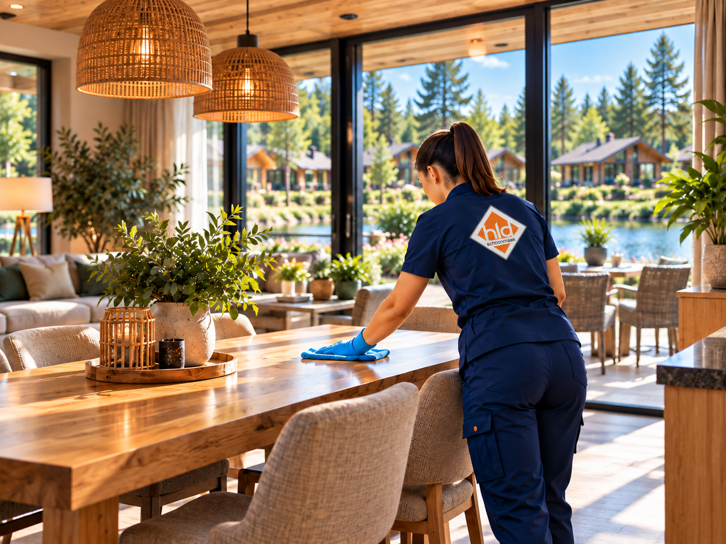 Medewerker reinigt de eettafel in een vakantiewoning