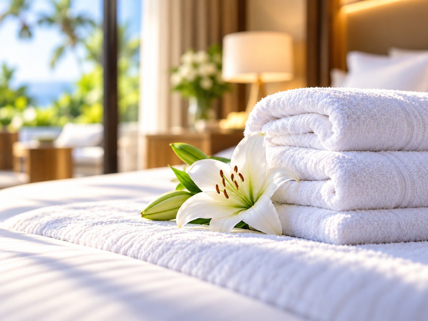 Opgevouwen handdoeken met een bloem op een hotelbed