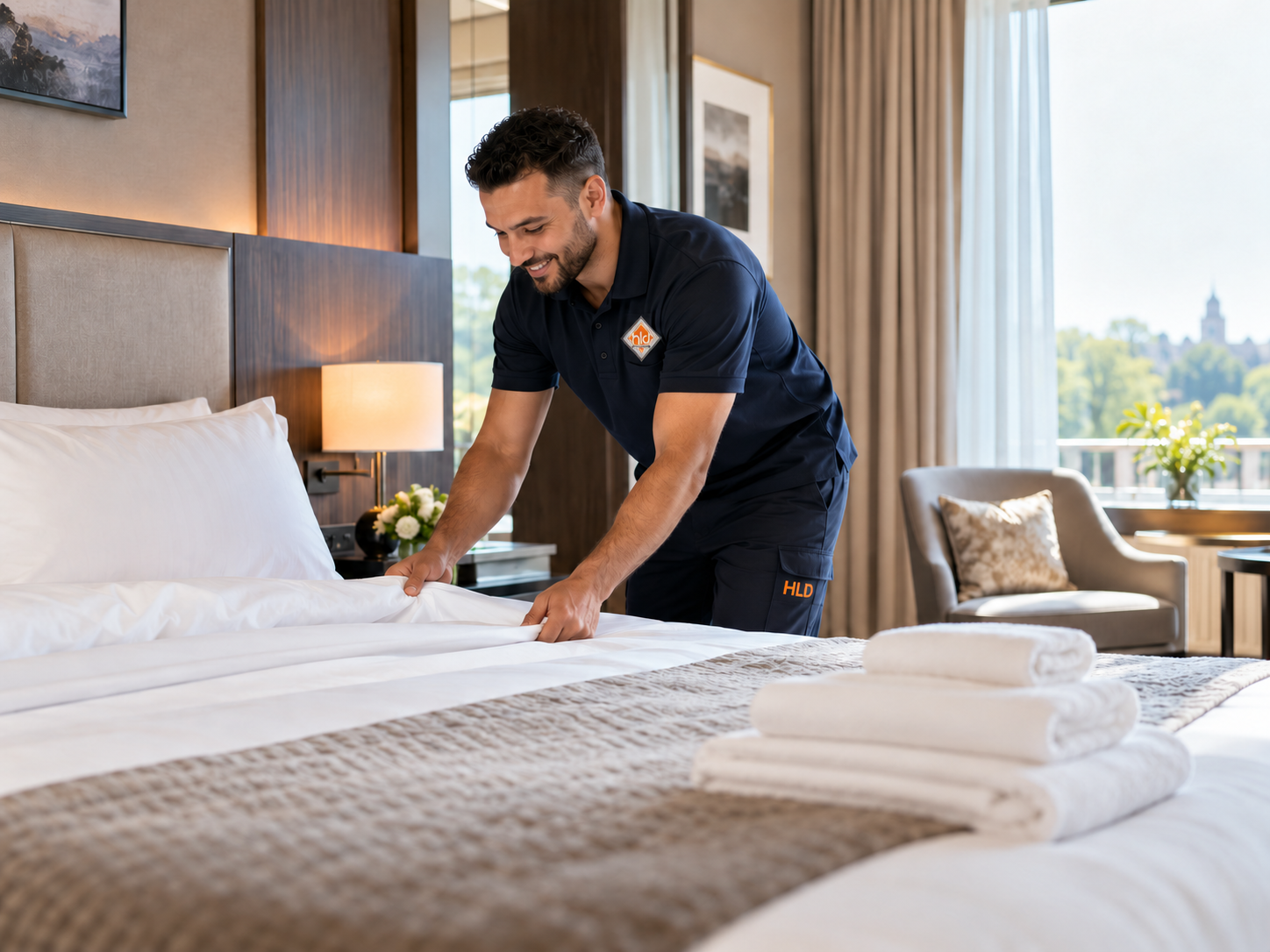 Medewerker van HLD Schoonmaak maakt een hotelbed op