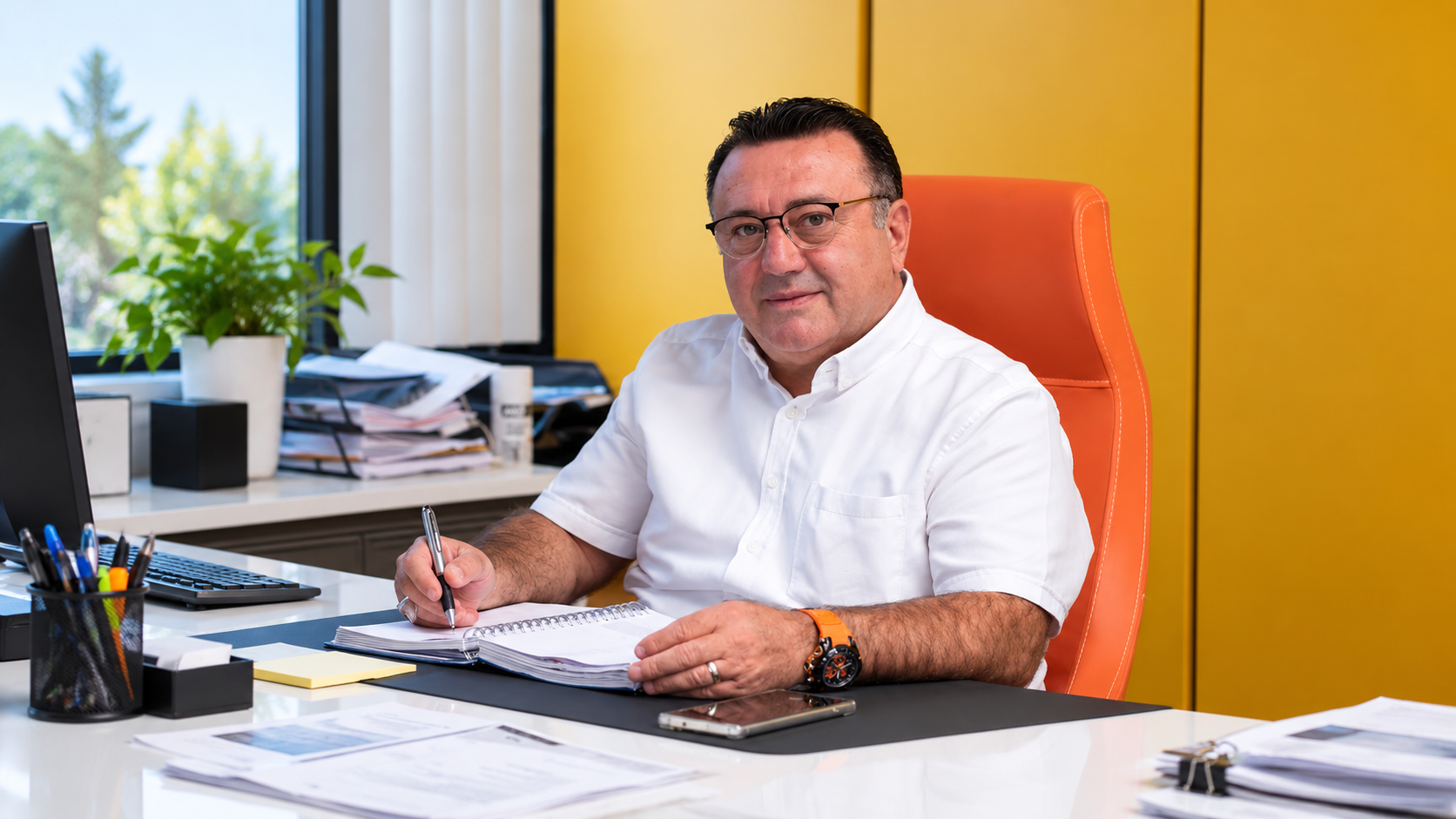 Iskender Kara, directeur van HLD Schoonmaak B.V., aan zijn bureau