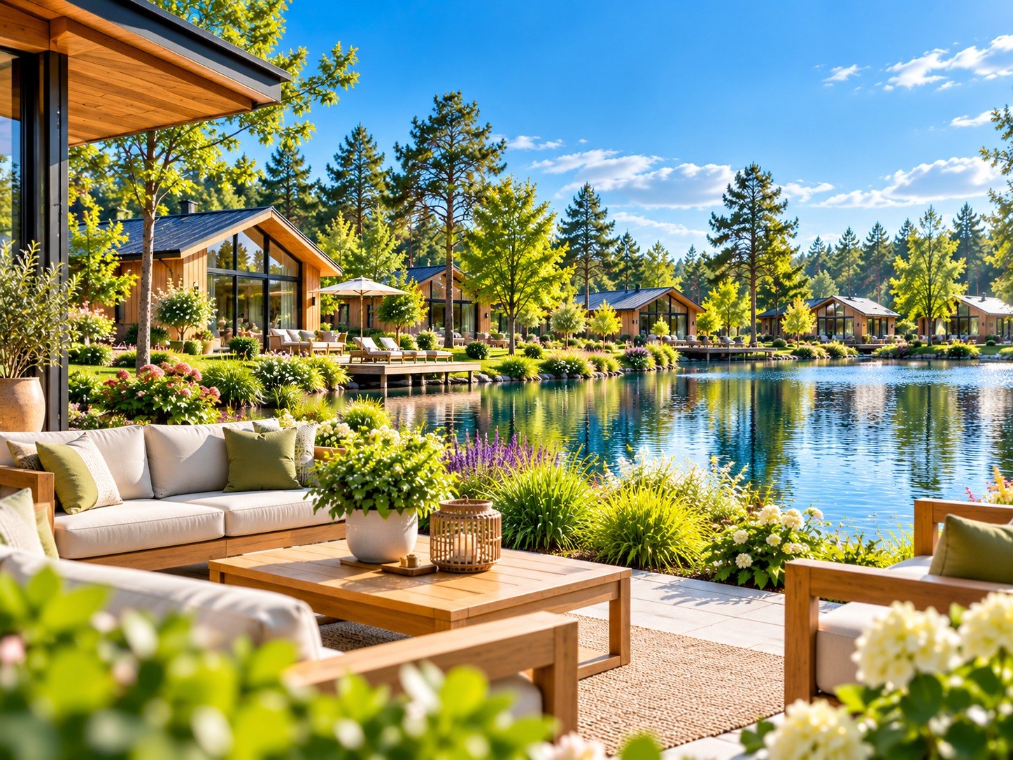 Loungeterras van een vakantiepark aan het water