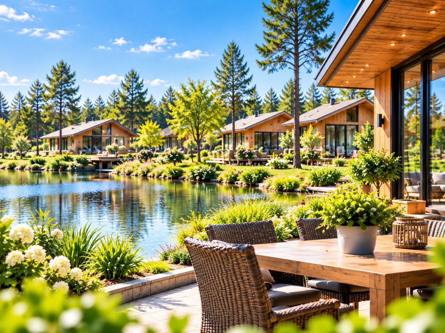 Terras met tuinmeubilair aan het water